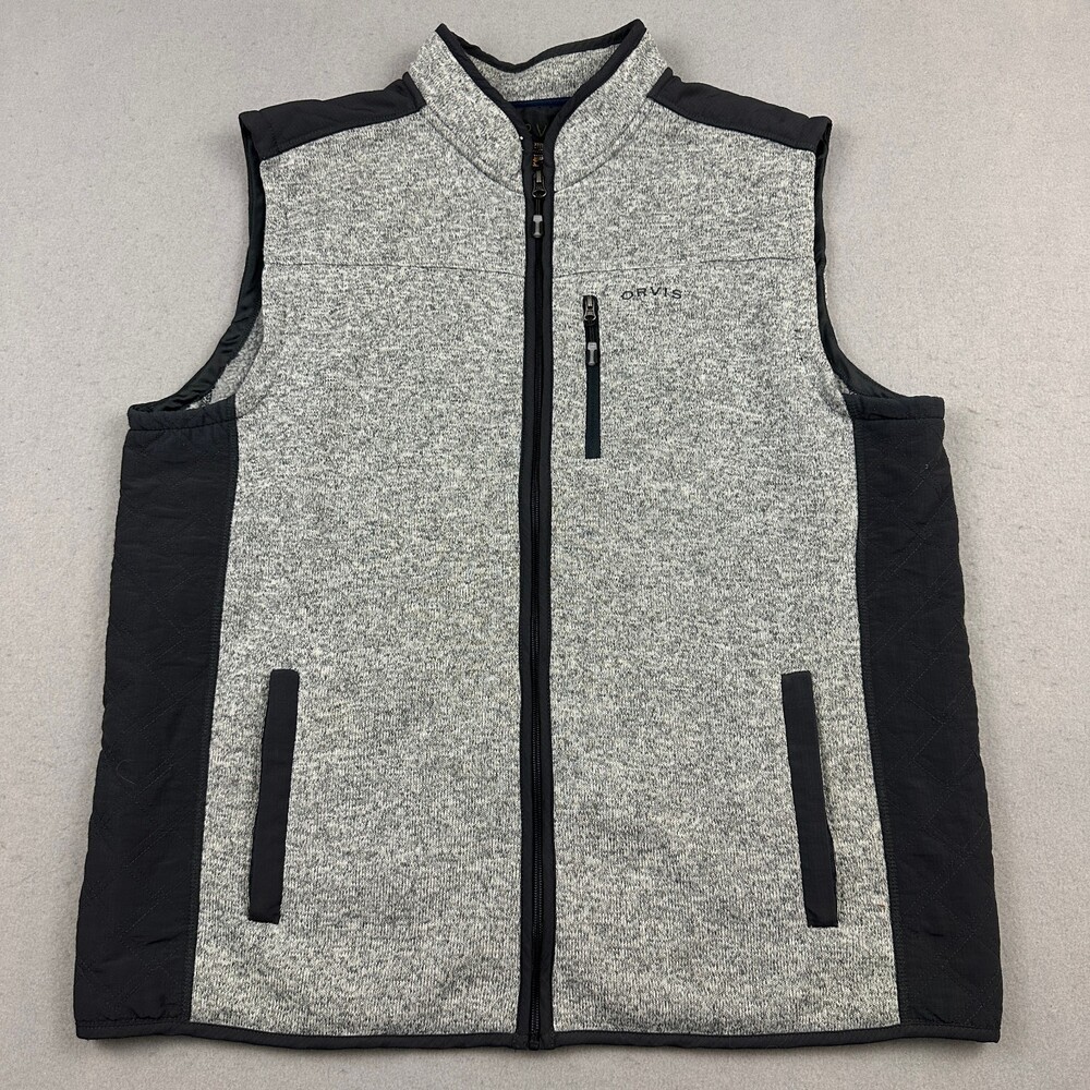 Orvis Flannel Vest Men 2XL Gray Zip Sleeveless Jacket Side Panesl Fishing XXL
